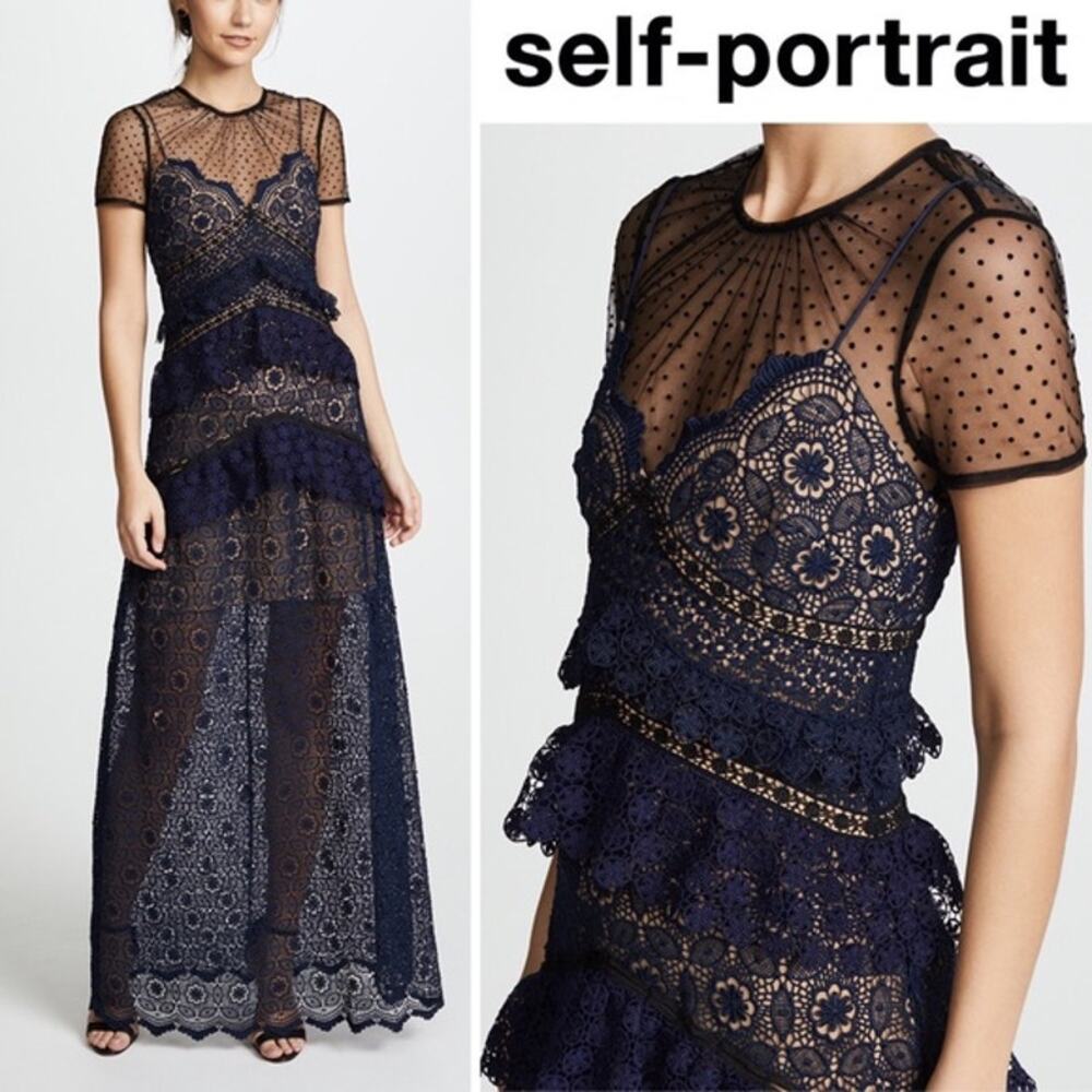 Self-Portrait Navy Guipure Lace Paneled Maxi Dress Sheer Mesh Polka Dot US8 NWOT